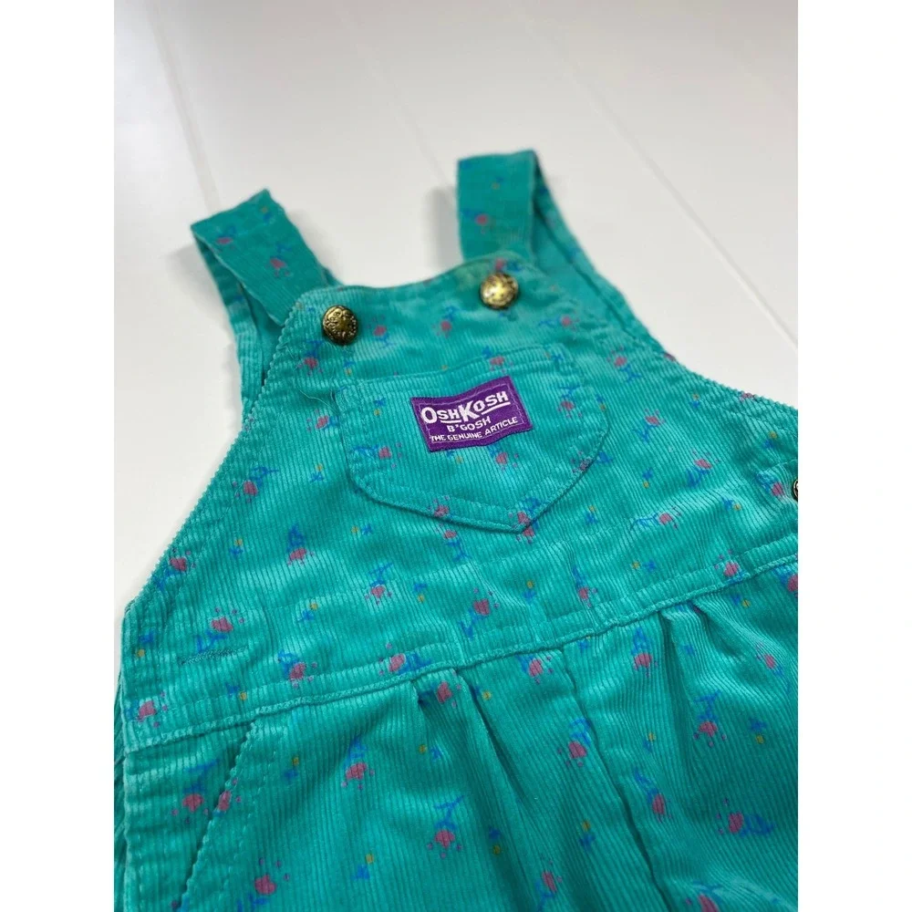 Vintage Oshkosh BGosh Teal Floral Corduroy Footie Overalls,‎ Size 6-9 Months